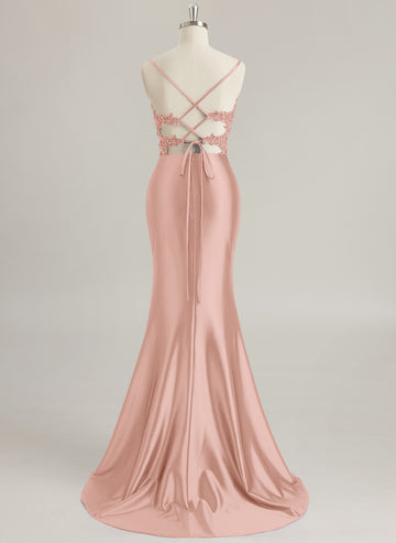 Trumpet/Mermaid V-Neck Sweep Train Jersey Prom Dresses With Rhinestone Appliques Lace Sequins Beading